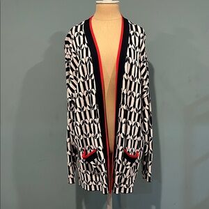 Boden Jacquard Cardigan Sweater XL Open Front Abstract Geometric Black White Red